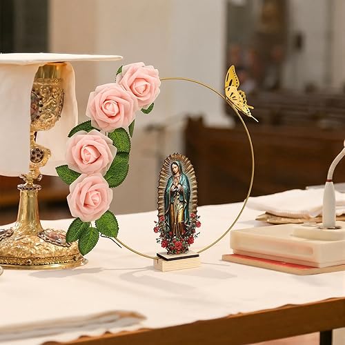 Miniatura 6 de BreezeHug 12 centros de mesa de bautismo para centros de mesa para bautizo bodas, 12 piezas de madera, 12 aros florales con soporte, 24 rosas de
