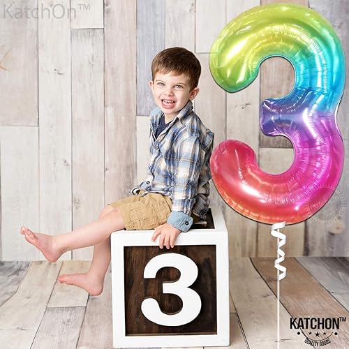 Miniatura 5 de KatchOn, Globo gigante de gelatina arcoíris número 3, 40 pulgadas, globo número 3 para decoraciones de tercer cumpleaños de niña, globos de tercer