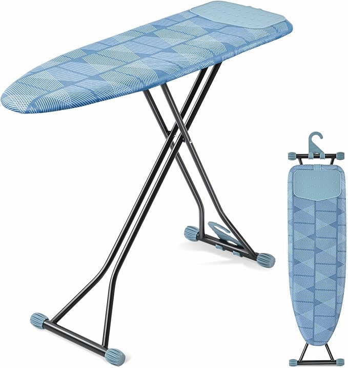 Ironing Board with Iron Rest, Compact and Space Saver Iron Board, Extra Thick Cover, Height Adjustable, Wall Mount & Closet Hanger 13x43 Blue