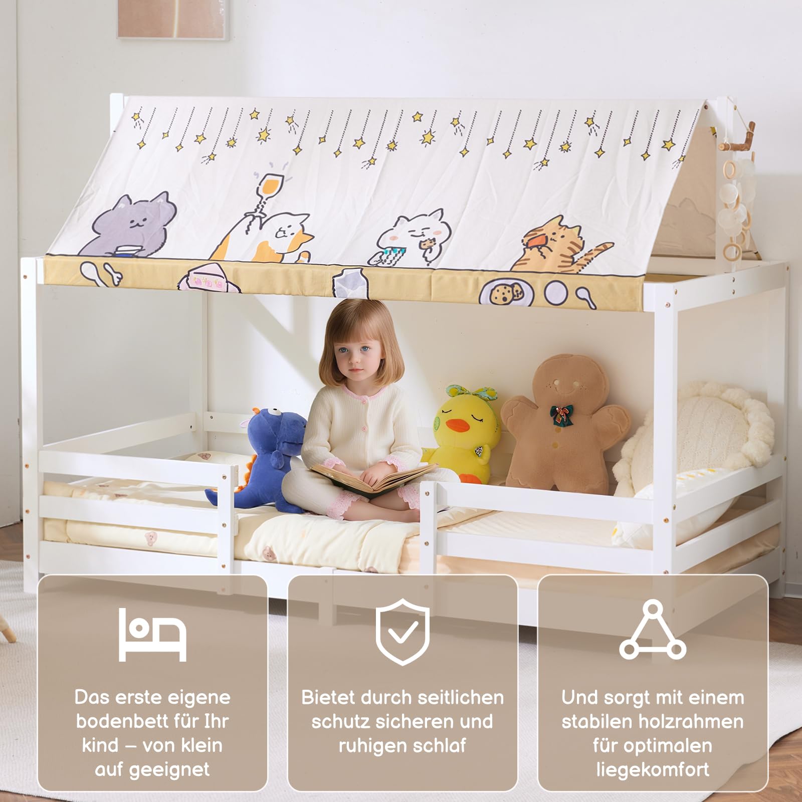 LEADZM Kinderbett Bodenbett 90x200 cm, Kinder Bett Mit Stoffhimmel (Weiß) | Kinderbetten inkl. Rausfallschutz & Lattenrost, Bodenbett Kinder bis 200 kg