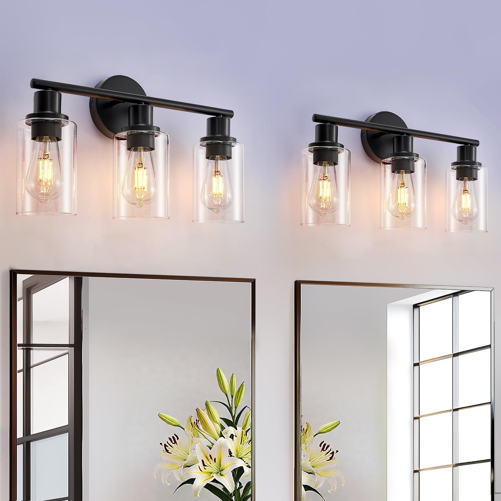 Photo 1 of ***PARTIAL SET - PRICE ADJUSTED***
 3-Light Bathroom Light Fixtures: Set of 2 Black Modern Vanity Lights with Clear Glass Shade - 18.51" Bathroom Wall Lamp for Mirror Kitchen Living Room