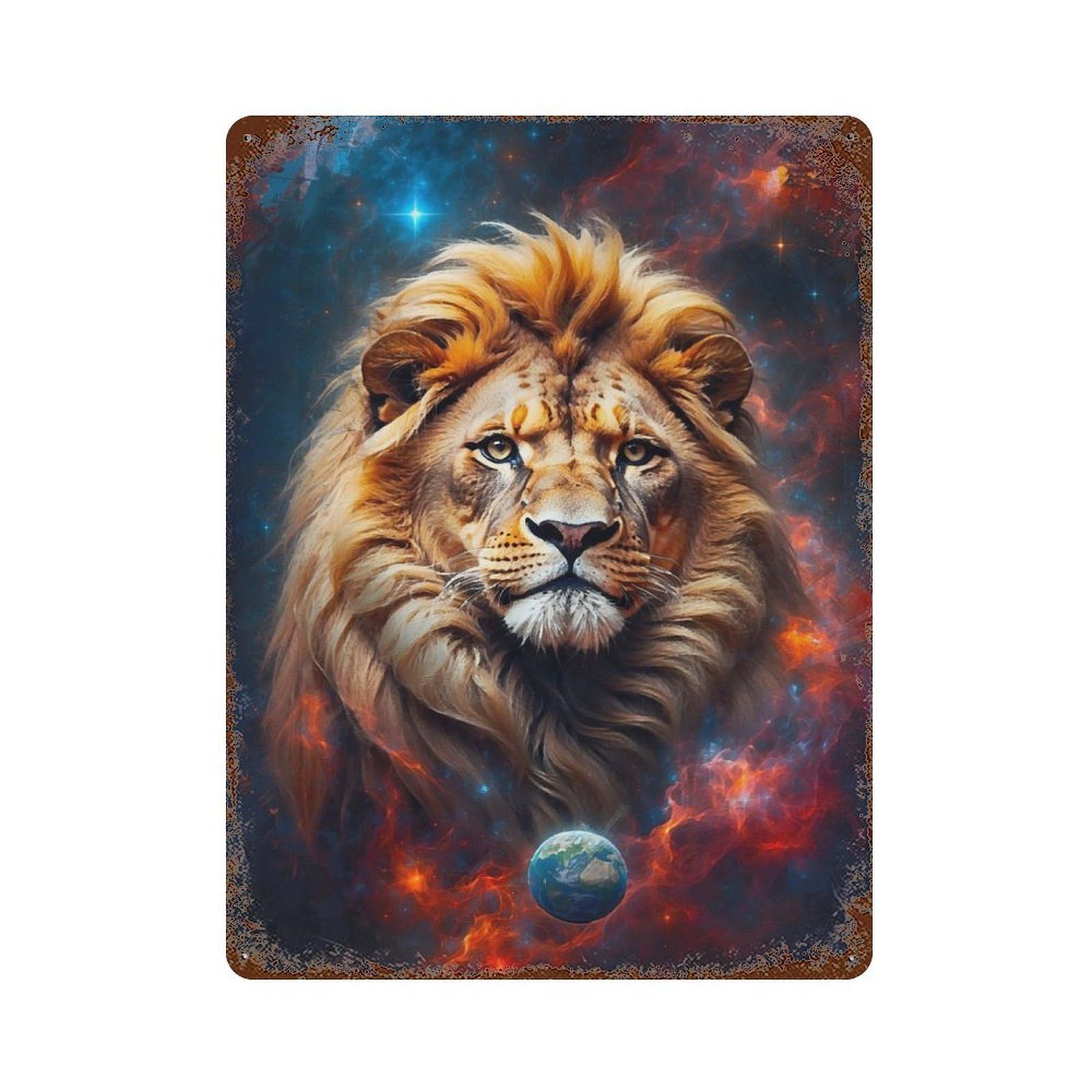 Lion of The Cosmos Rust Effect Tin Sign 15.7"x11.8", Industrial Home Decor for Garage, Bar And Workshop Decor