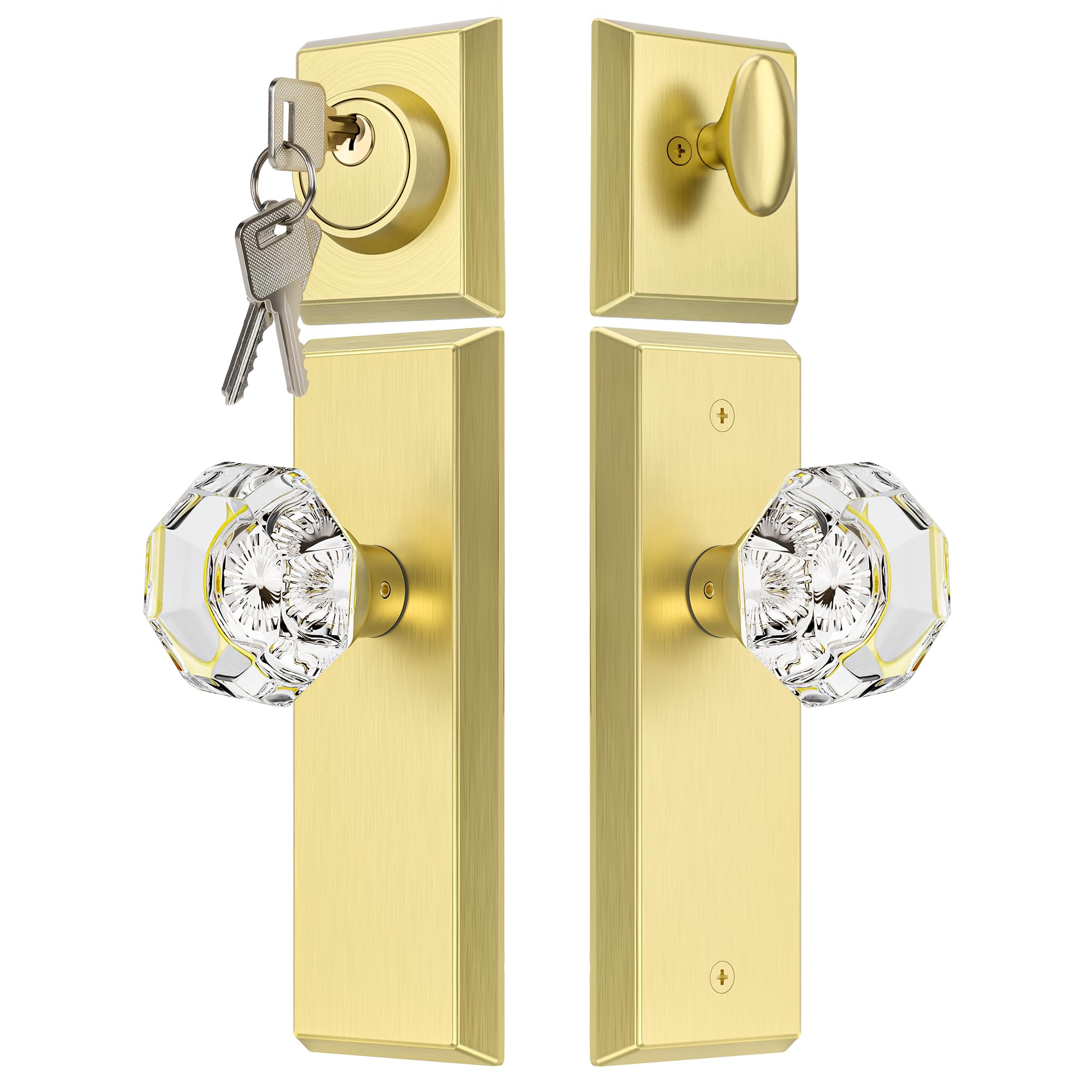 Photo 1 of *** missing piece****CEYMIO Glass Door Knobs with Single Cylinder Deadbolt Lock Set - Brushed Gold Crystal Passage Knob for Interior/Exterior Doors - Vintage Diamond Bedroom Bathroom Closet Handles