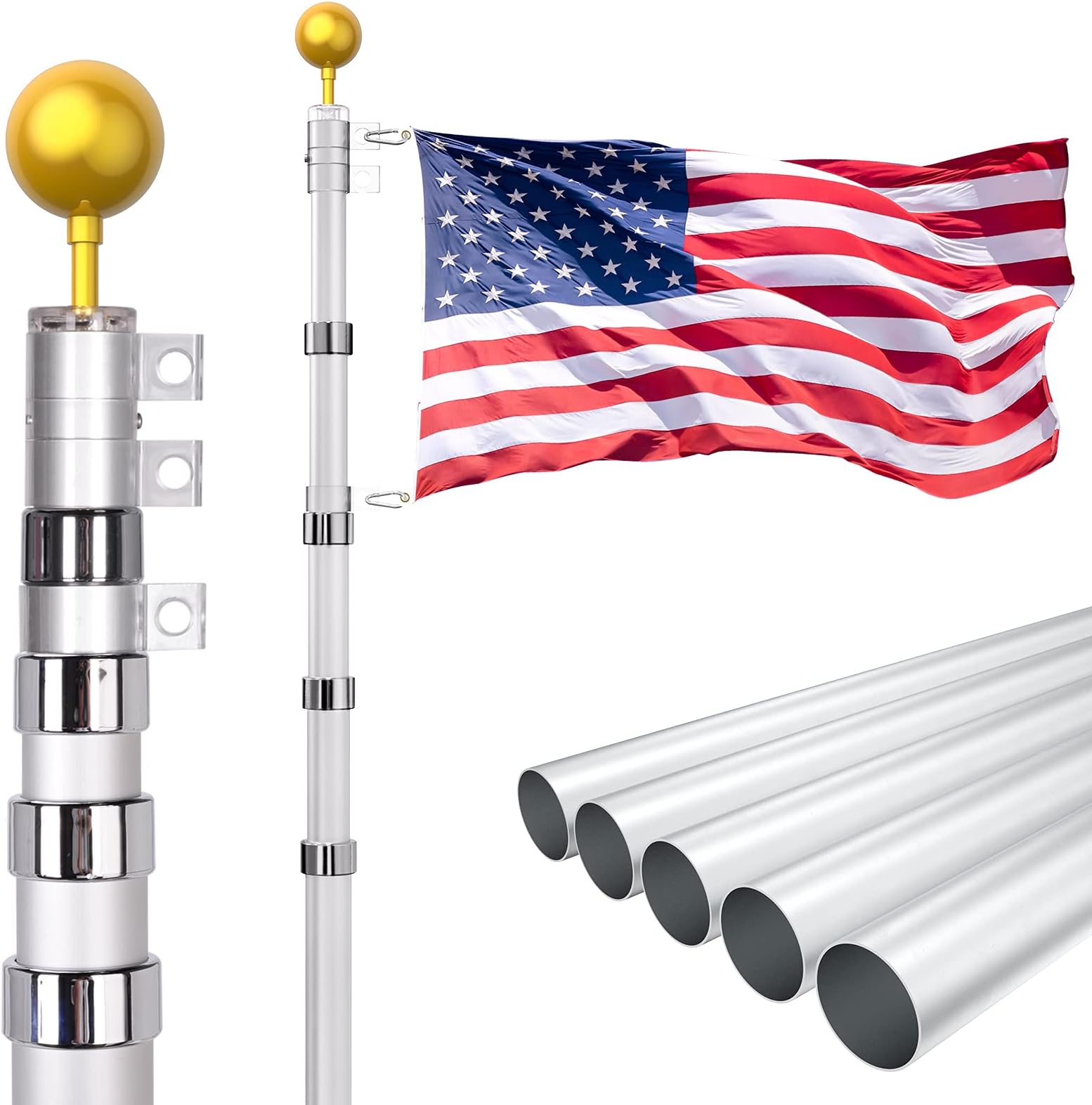 KOOV 25FT Telescoping Flag Pole Kit - Heavy Duty Adjustable Height Aluminum Flag Poles, Extra Thick Telescoping Flagpole Set with 3x5 Flag for Outdoor or Residential