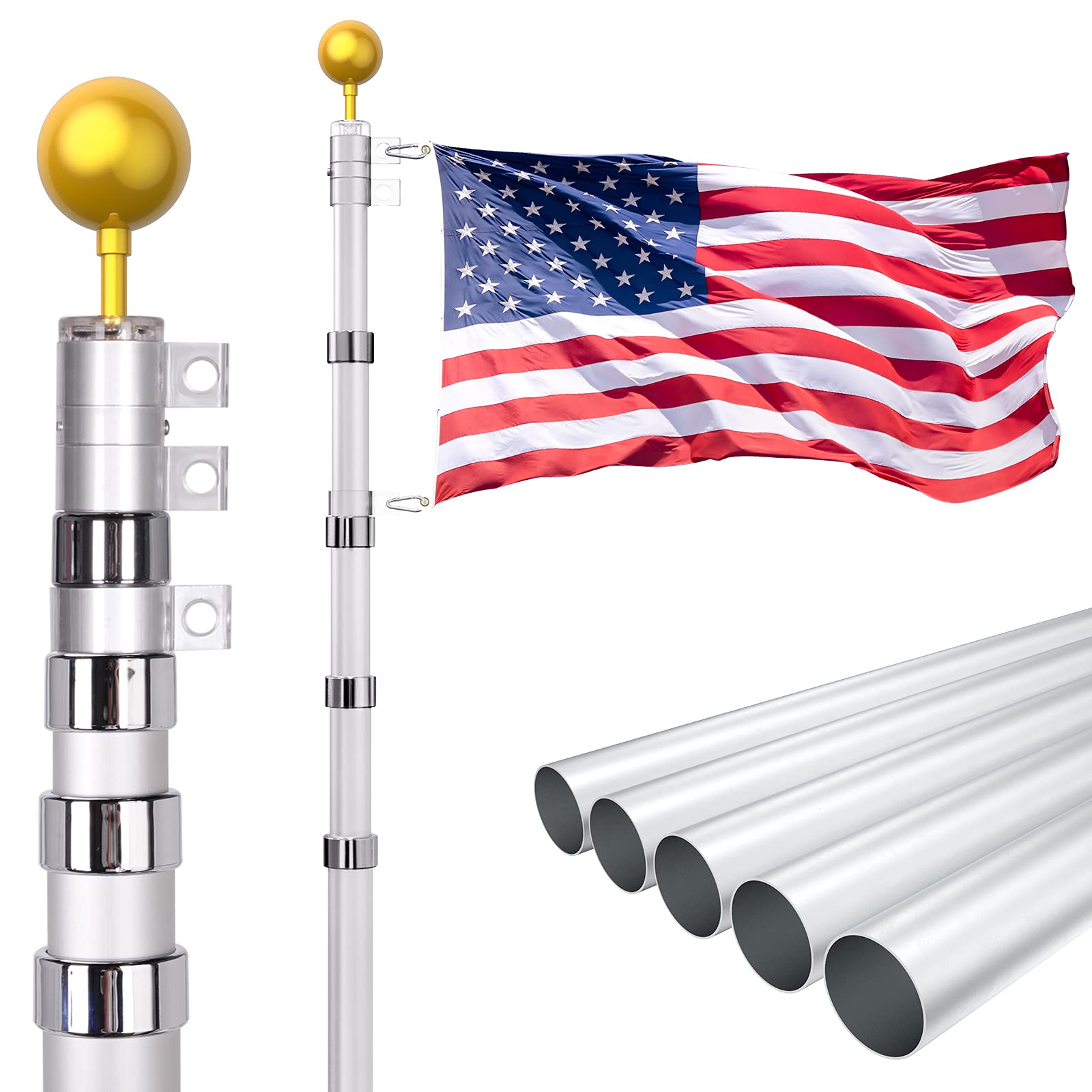 KOOV 25FT Telescoping Flag Pole Kit - Heavy Duty Adjustable Height Aluminum Flag Poles, Extra Thick Telescoping Flagpole Set with 3x5 Flag for Outdoor or Residential