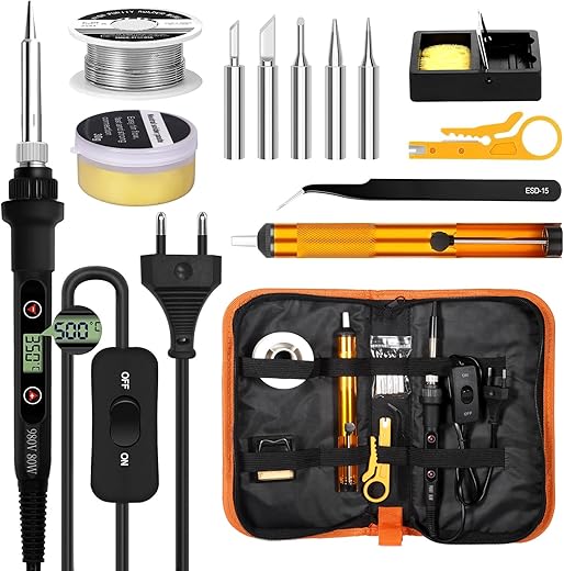 Soldering Iron Set 80W with LCD Display, Quick Heating 7s (180-500°C), 5 Iron Tips, Desoldering Pump, Stand and Tweezer, Soldering Tools for Electronics Repair