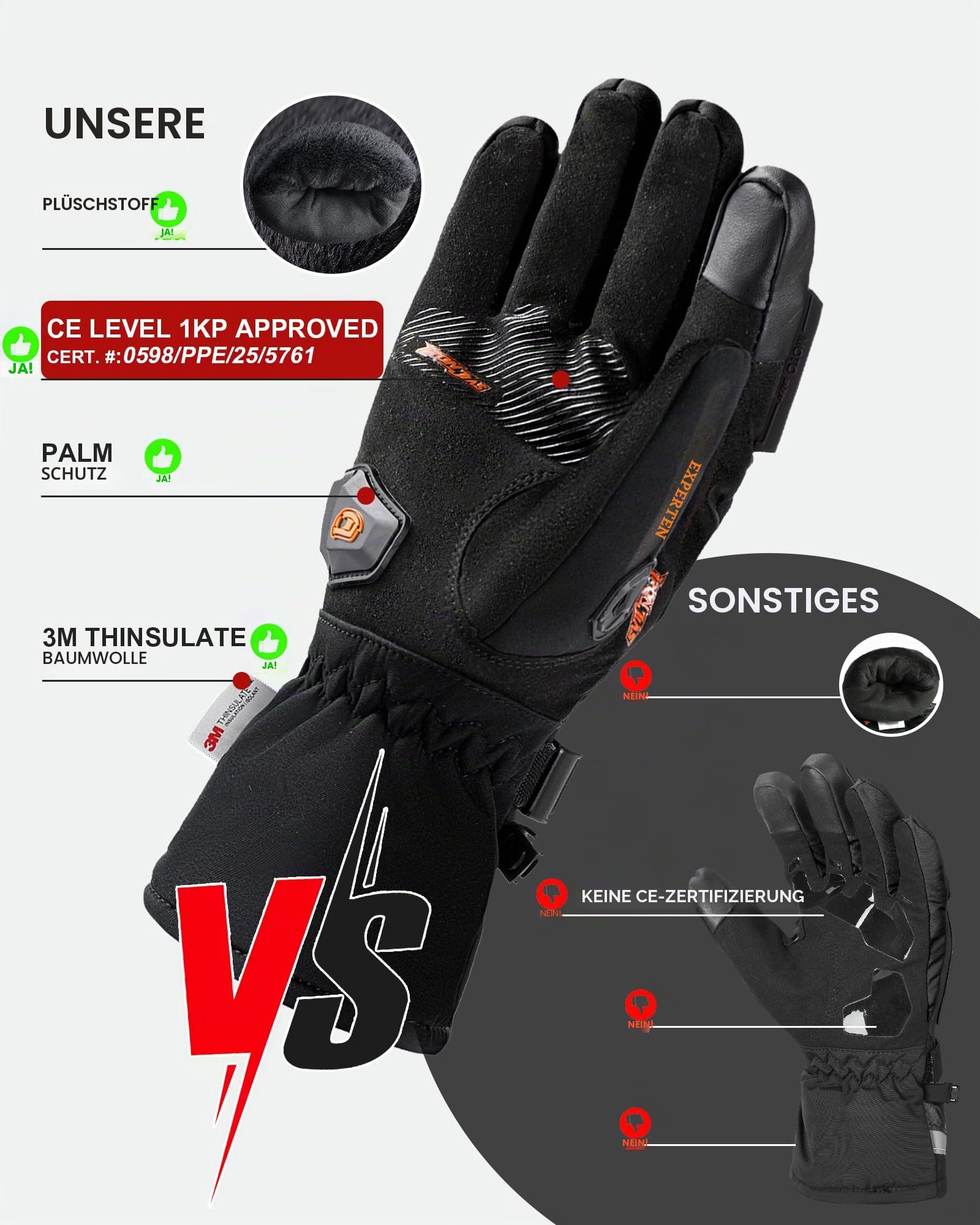 BORLENI Winter Motorradhandschuhe Herren mit CE-Level 1 KP, Motorrad Handschuhe Warm mit 3M Thinsulate, Wasserdicht Winddicht Winterhandschuhe mit Touchscreen & Kohlefaser Knöchelschutz, Größe M-XXL