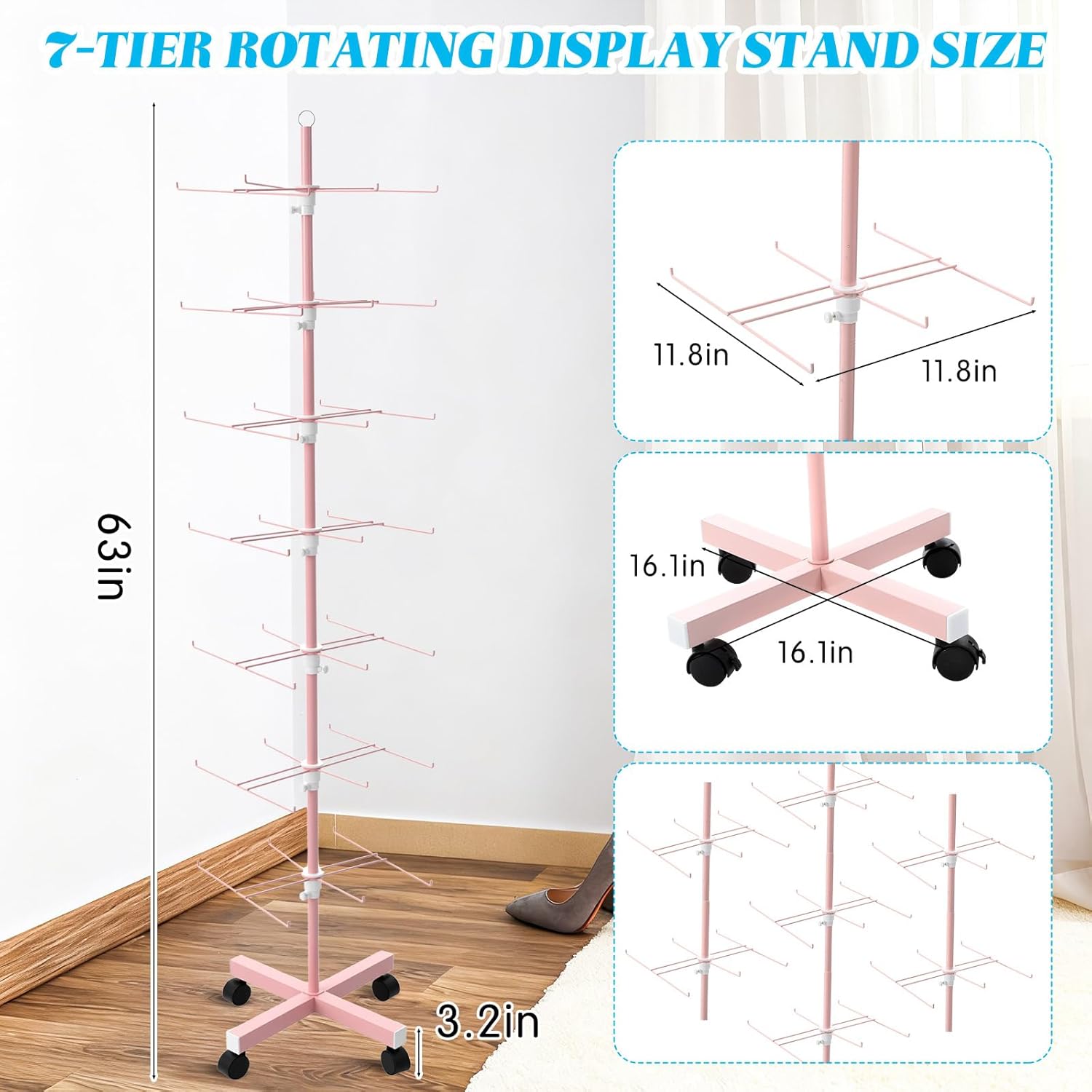 Ripeng 2 Pack 7-Tier Rotating Retail Display Stand, Adjustable Spinning Rack with Wheels for Jewelry Earrings Keychains Craft Shows Vendor Events, Pink 7 Tier Pink 2