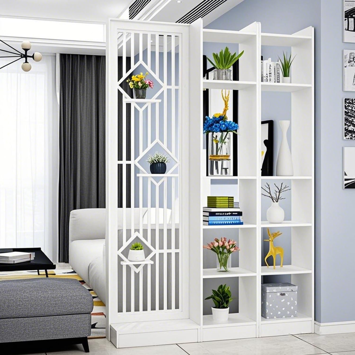 MESCXTY Modern Wall Room Divider, Wood Divider Screen, Storage Cabinet with Shelves，Wall Privacy Screens for Home Office Decorative (White,51.2''L*11.8''W*74.8''H)