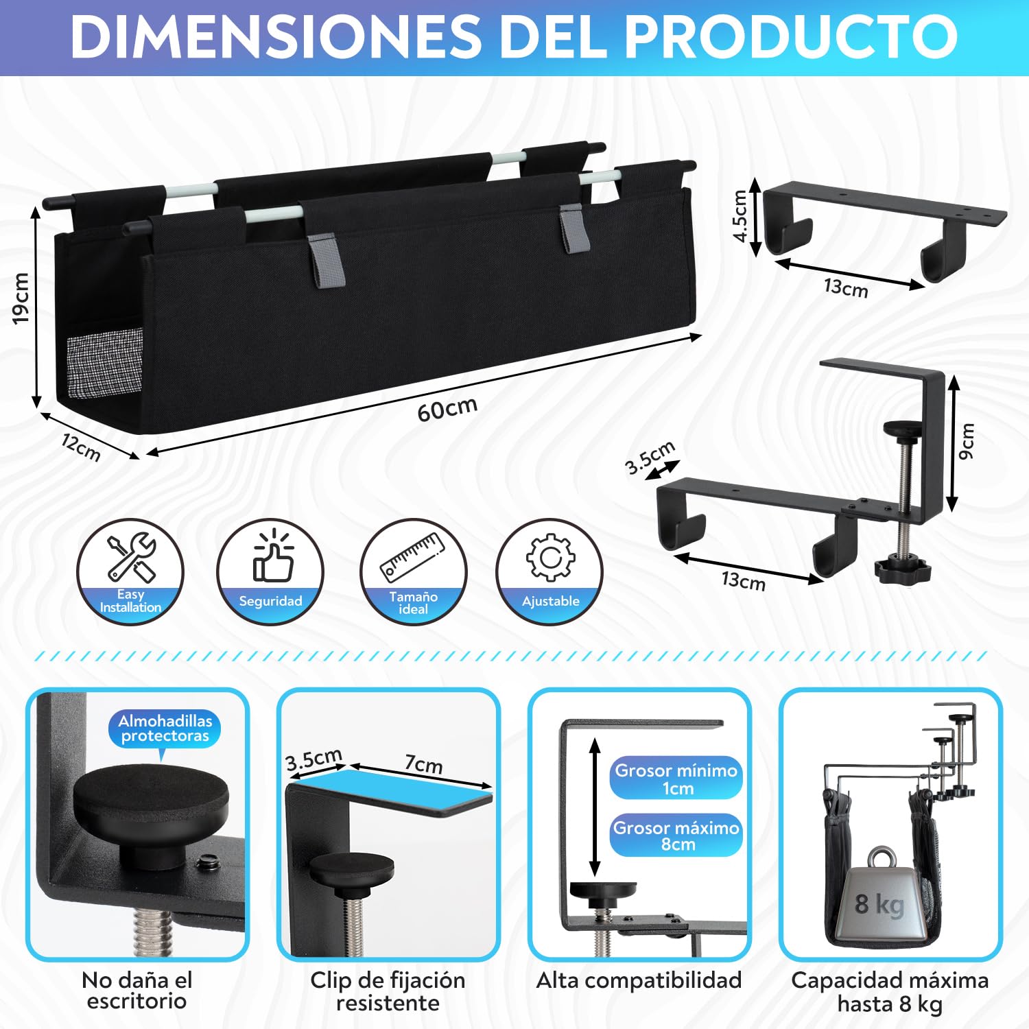Organizador de Cables Escritorio de Tela, Montaje con Abrazadera o Tornillos, Bandeja Cables Escritorio Que Recoge, Organizer y Ocultar, Management Under Desk Kit para Oficina en Casa — view 6