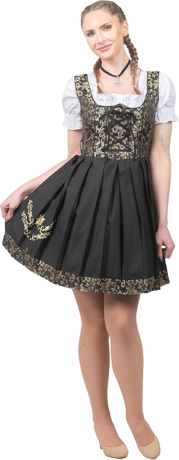 Edelweiss Creek Women’s Oktoberfest Dirndl Dress – 3-Piece Traditional German Bavarian Outfit Black & Gold - Image 4