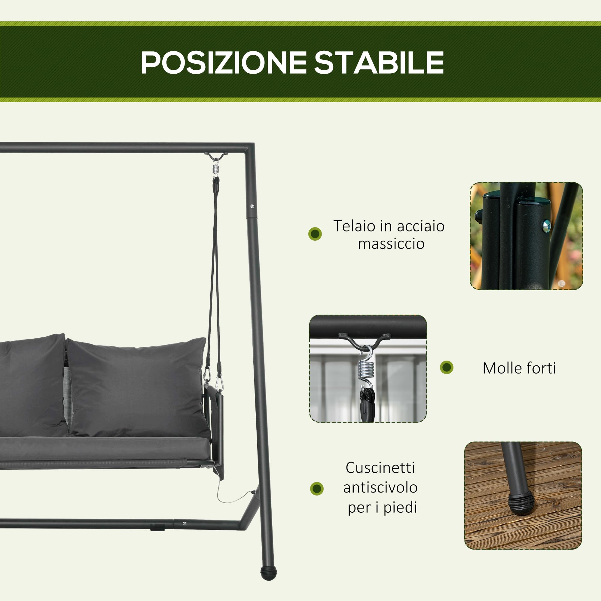 Outsunny Dondolo da Giardino 2 Posti con Cuscini e Tasche Portaoggetti, Dondolo da Esterno in Acciaio e Textilene, 168x117x181 cm, Grigio Scuro