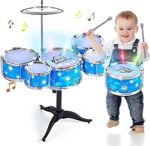 Juego de batería para niños pequeños con luz (todo plástico), regalos musicales juguetes para niños y niñas, kit de batería instrumento musical para