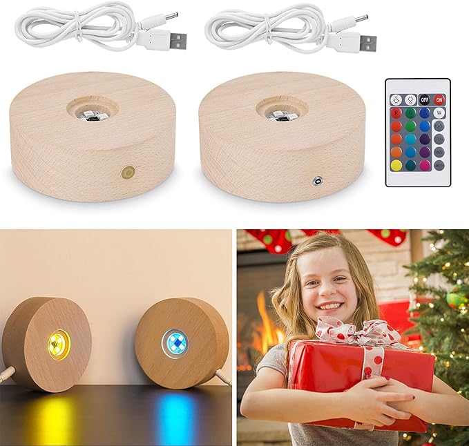 2Pcs Round Wood LED Lights Base, 16 Color LED Display Base
