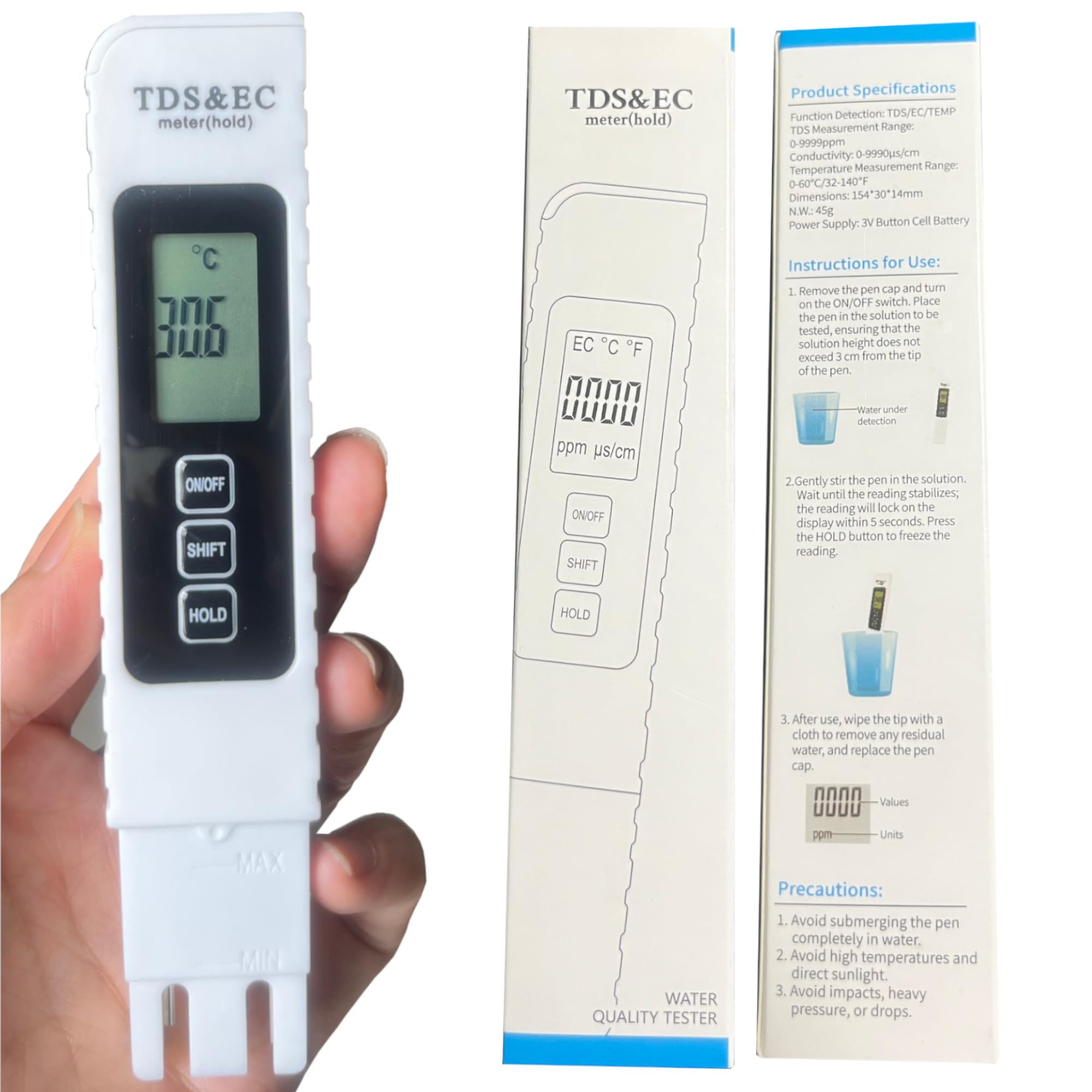 JYVY POWER 2025 New Digital Water Quality Tester, 4-in-1 TDS EC Temperature (°C/°F) Meter, 0-9990ppm Range, for Drinking Water, Aquariums, RO/DI Systems Battery Included