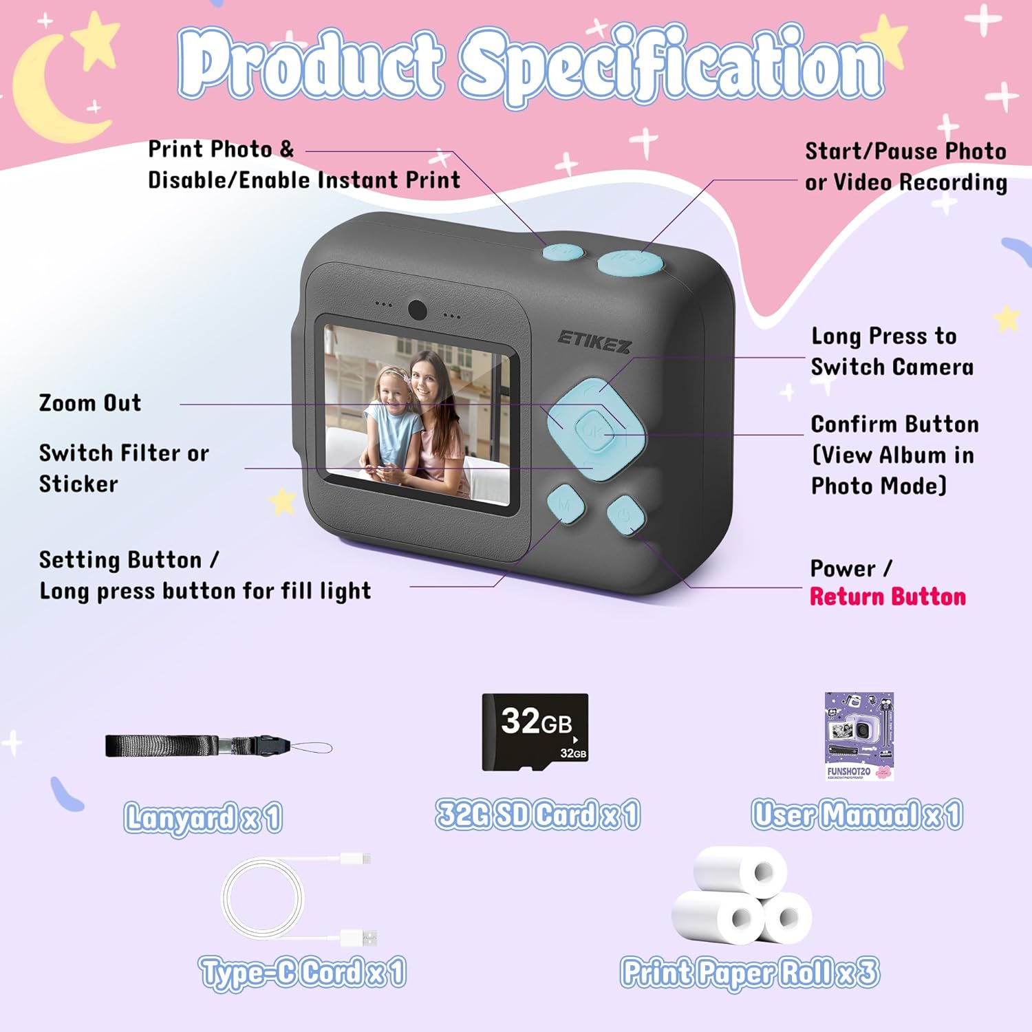 Kids Camera, 1080P Instant Digital Print Camera for Kids, Christmas Birthday Gifts for 4 5 6 7 8 9 10 Year Old Girls Boys, Portable Toy with 32GB SD Card & 3 Rolls Printing Paper, Black