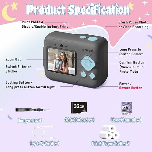 Miniatura 6 de Cámara para niños, cámara de impresión digital instantánea 1080P para niños, regalos de cumpleaños de Navidad para niñas de 4, 5, 6, 7, 8, 9, 10