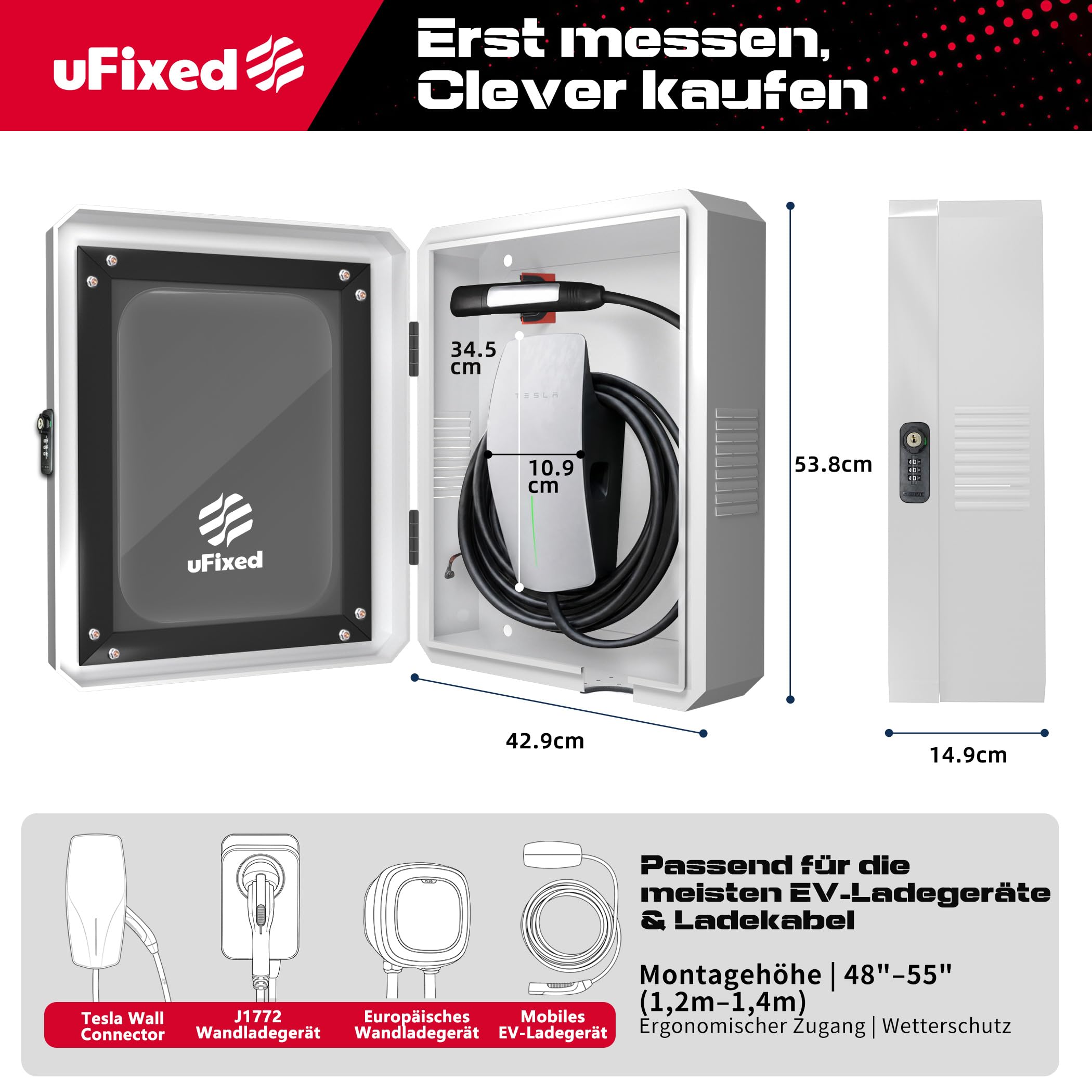 Weißer EV-Ladestation Schutzkasten – Wetterfest, Mit Schloss & Sichtfenster, Kompatibel mit Tesla Wall Connector & Wallbox Pulsar Plus, Einfache Montage