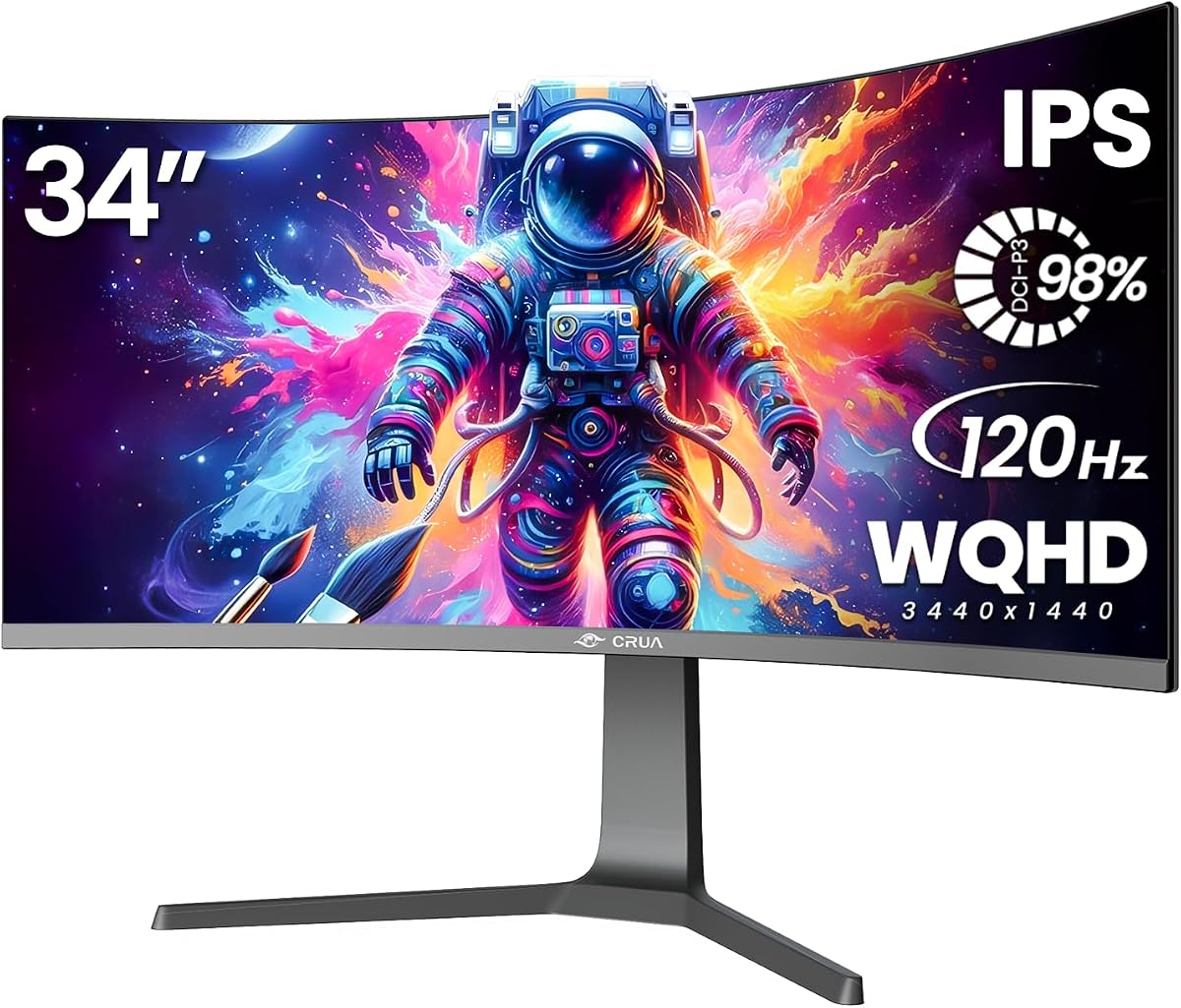 CRUA 34" Curved Gaming Monitor, IPS WQHD(3440x1440P) 120Hz 1900R 21:9 UltraWide PC Display, 130% sRGB, AMD FreeSync, Blue Light Filter, HDMI/DP Ports, Wall Mountable Installs– Black