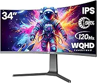 CRUA Monitor curvo para jogos de 86.4 cm, IPS WQHD (3440 x 1440P) 120Hz 1900R 21:9 UltraWide PC, 130% sRGB, AMD FreeSync, filtro de luz azul, portas HDMI/DP, instalações montáveis na parede – Preto