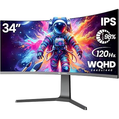 CRUA 34" Curved Gaming Monitor, IPS WQHD(3440x1440P) 120Hz 1900R 21:9 UltraWide PC Display, 130% sRGB, AMD FreeSync, Blue Light Filter, HDMI/DP Ports, Wall Mountable Installs– Black