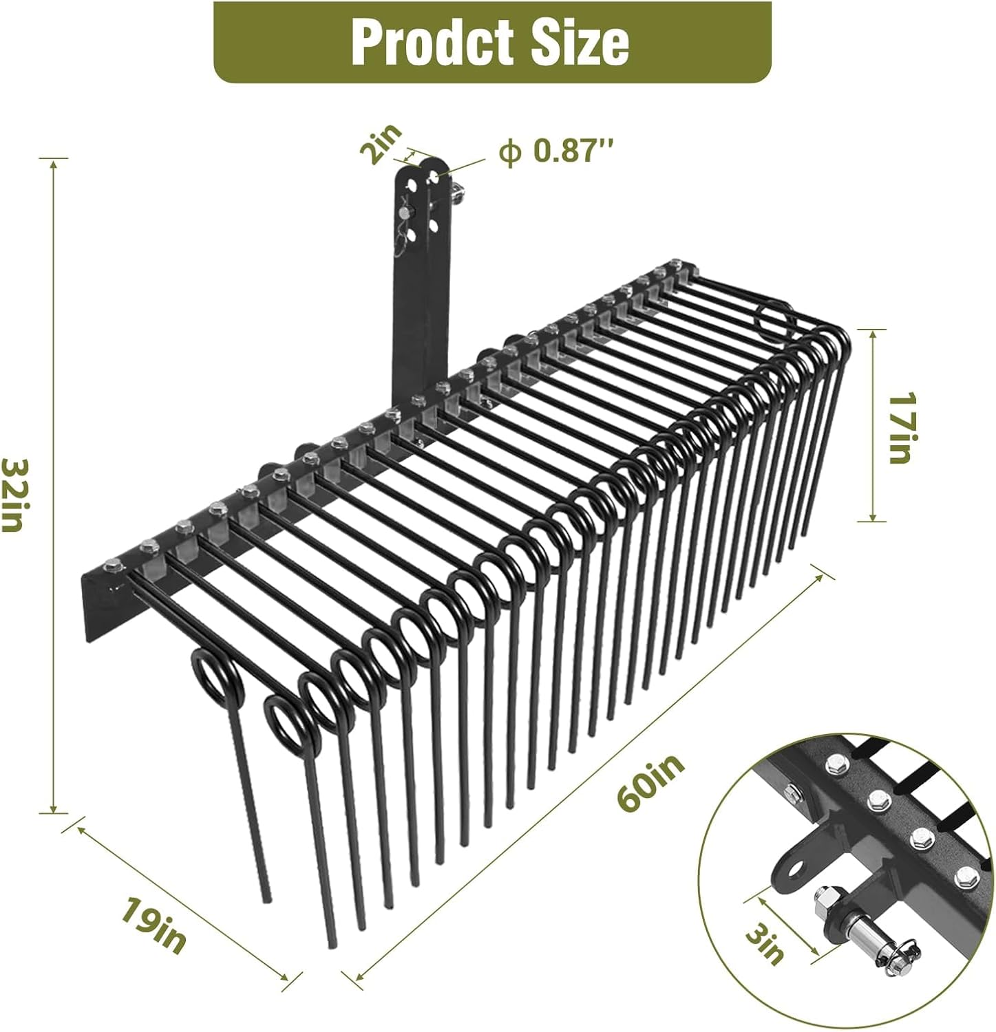 Professional 60-Inch Pine Straw Rake - 5ft Tow-Behind Landscape Rake with 26 Heat-Treated Spring Steel Tines - 3-Point Hitch Category 0 & 1 Attachment for Kubota, Massey, New Holland Tractors