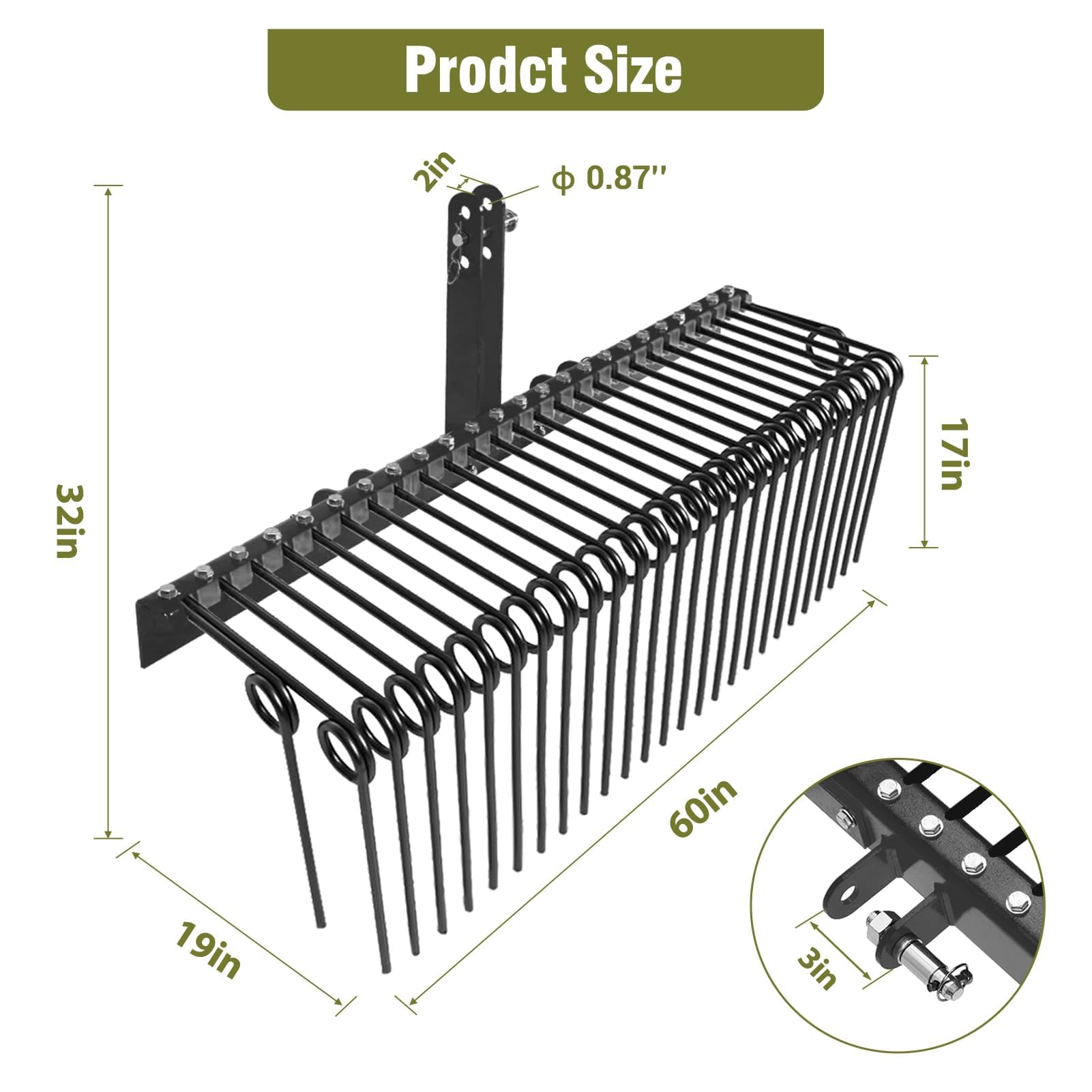 Garvee Râteau Professionnel à Paille De Pin 60 Pouces (152cm) pour Tracteur Cat0/Cat1, 26 Dents à Ressort Robustes en Acier Revêtu, Attelage 3 Points, pour Feuilles Et Gazon