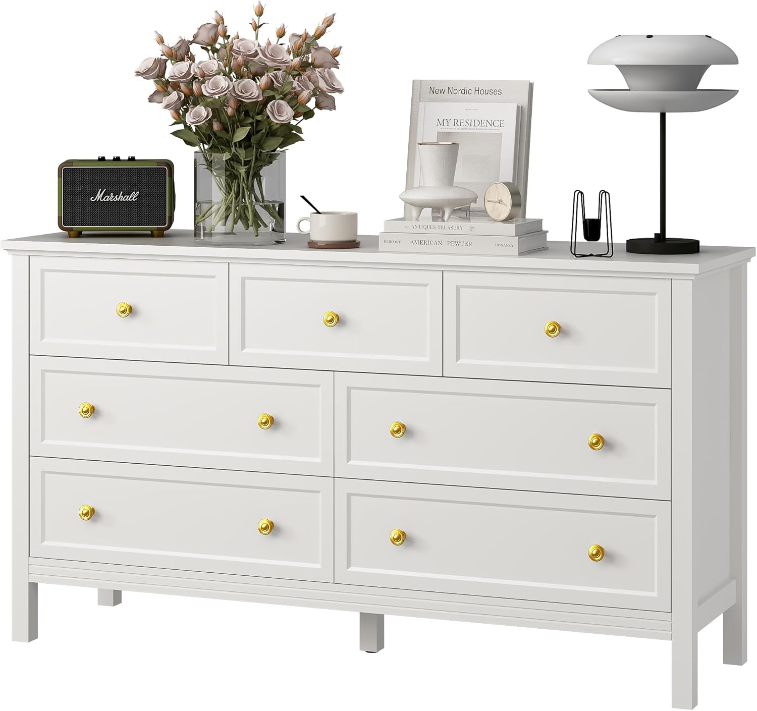 BAZELOR 7 Drawer White Dresser for Bedroom, 55" Wood Dresser with Gold Handles, Wide Modern Chest of Drawers for Hallway, Entryway White 40D x 140W x 75H cm (7 Drawers)