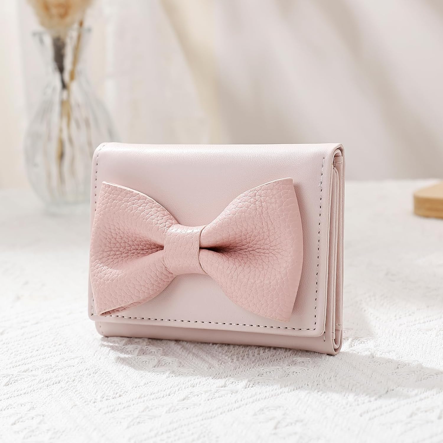 Small Wallets Woman, Cute Tri-fold Ladies Coquette Wallet for Women, Pink Bow Credit Card Coin Holder Purse with ID Window for Cash Key Change (Pink) - Image 5