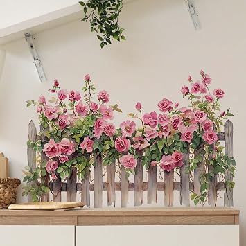 Romantic Pink Roses Floral and Wooden Fence Wall Stickers
