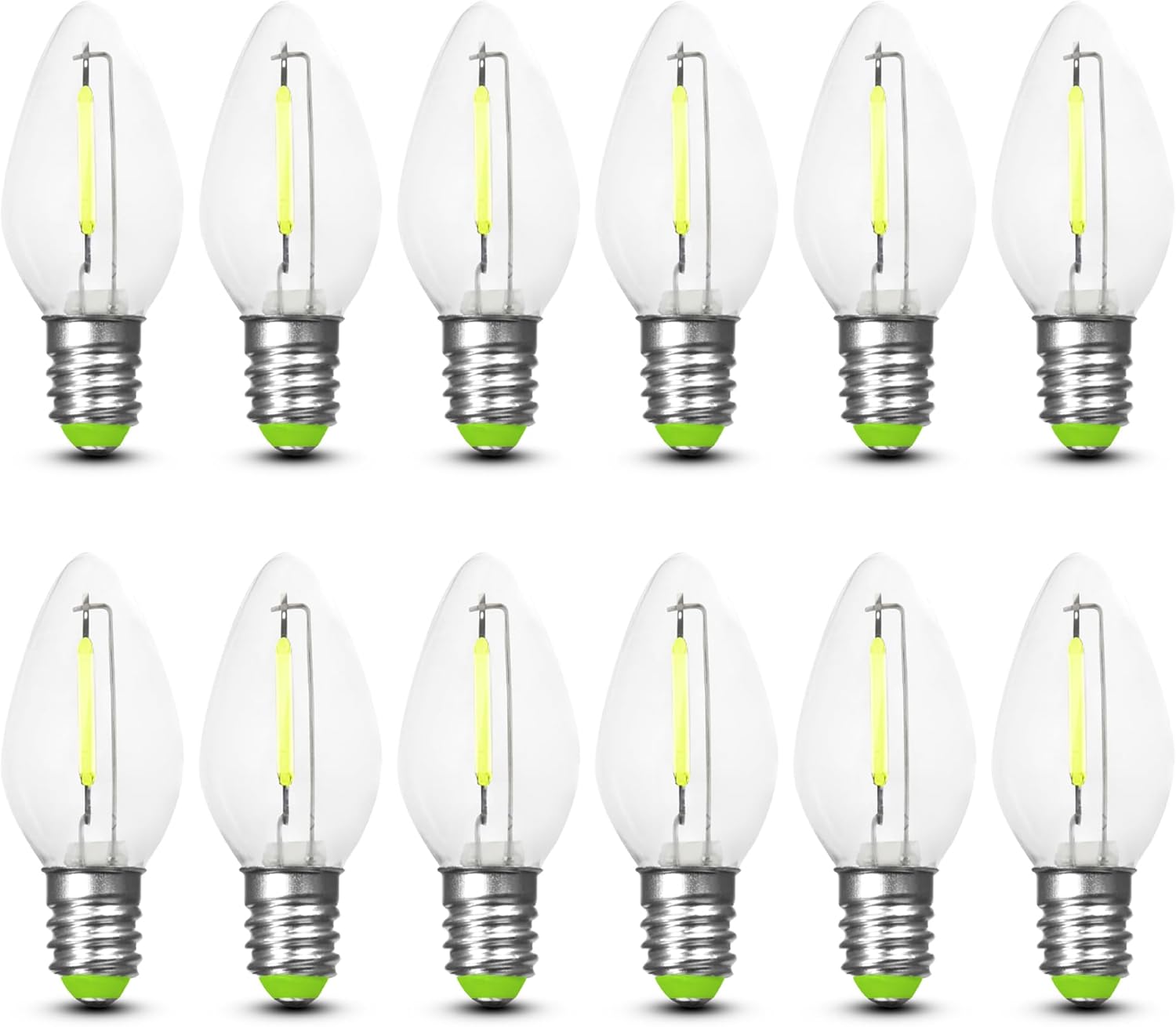 Feit Electric BPC7/G/LEDG2/2/6 7W Equivalent 0.1 Watt Candelabra Base Holiday Party Decorative LED C7 Light Bulb, 2.15" H x 1" D, Green, 12
