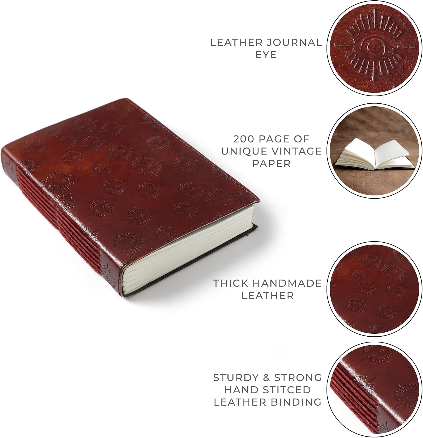 Leather Journal with Eye Design - Vintage Handmade Diary for Men & Women - Ideal for Creative Writing, Meditation & Daily Journaling - Travel Notebook with Antique Leather Cover (7x5 inch - 200 pages)