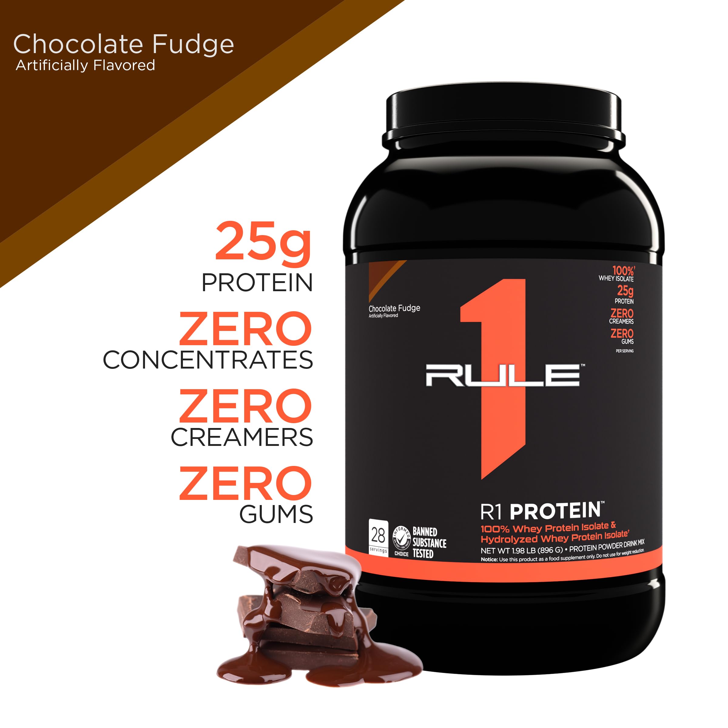 Rule One Proteins R1 Protein - 25g Fast-Acting, Super-Pure 100% Isolate and Hydrolysate Protein Powder with 6g BCAAs (5 Pounds*, Chocolate Fudge)