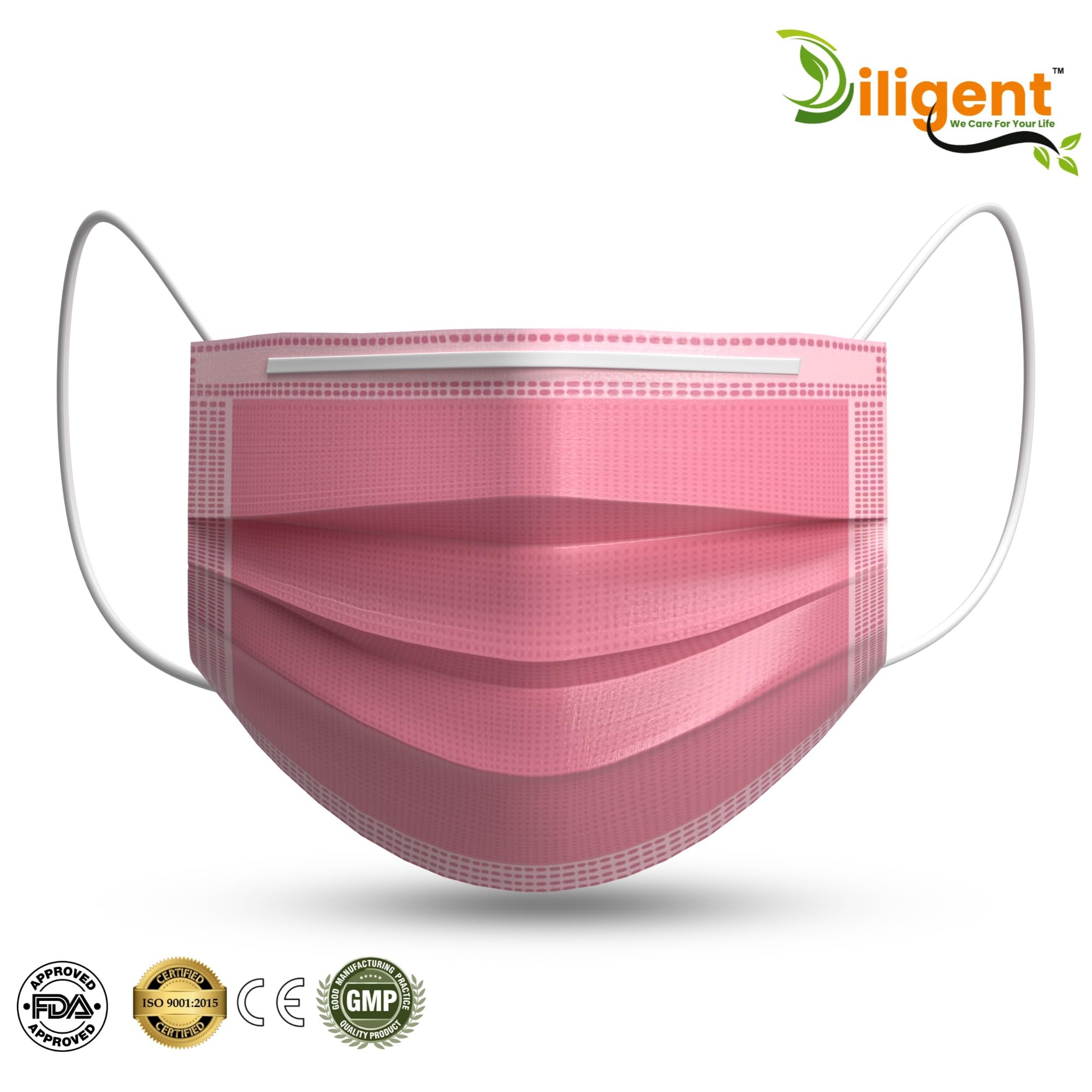 Diligent- We Care For your Life® Disposable 3-Layer Protective Face Mask for Adults | Non-Woven Surgical Mask with Adjustable Nose Strip & Soft Ear Loops | High Bacterial Filtration | Pack of 50-Pink