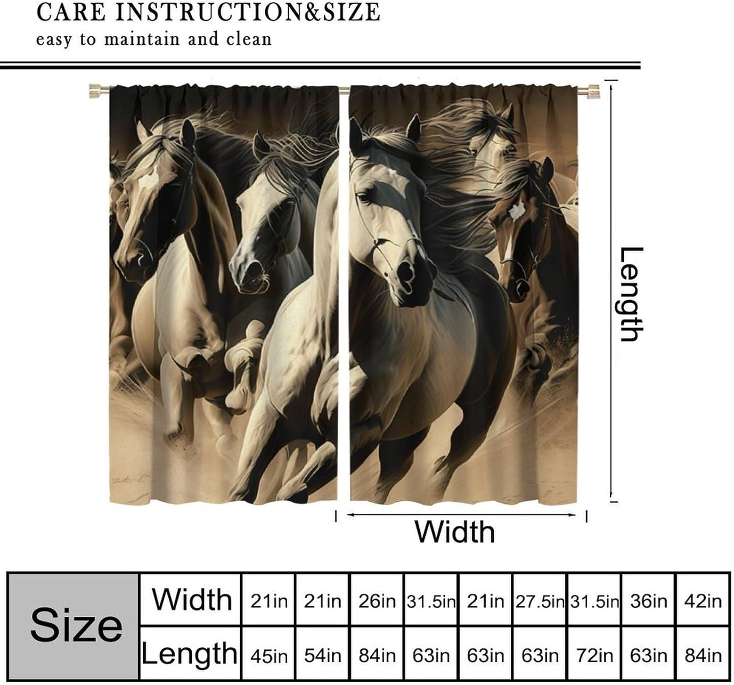 Horse Window Curtains, Rustic Western Wild Galloping Horses Farm Animal Pattern Print Rod Pocket Thermal Drapes for Kitchen Livingh Room Bedroom Office, 42x45 Inch