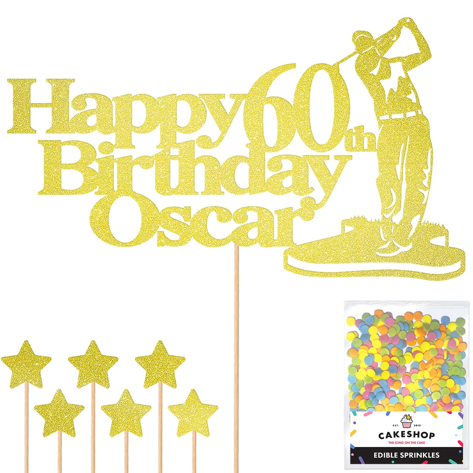 Personalised Golf Golfer Glitter Cake Topper - Champagne Custom Age & Name Glitter Cake Decoration and Sprinkles - Happy Birthday Decorations - Personalised Toppers for Cakes by Cakeshop