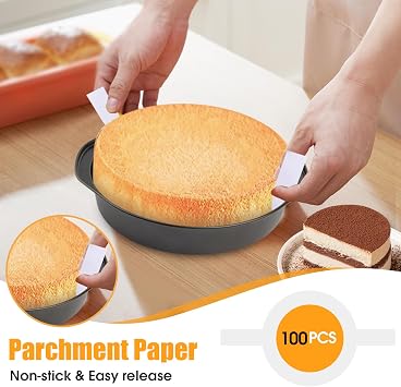 8 Round Cake Pan, 3PCS Nonstick Cake Pans with 100 PCS Parchment Paper, Carbon Steel Cake Baking Pans with Handle, Dishwasher Safe