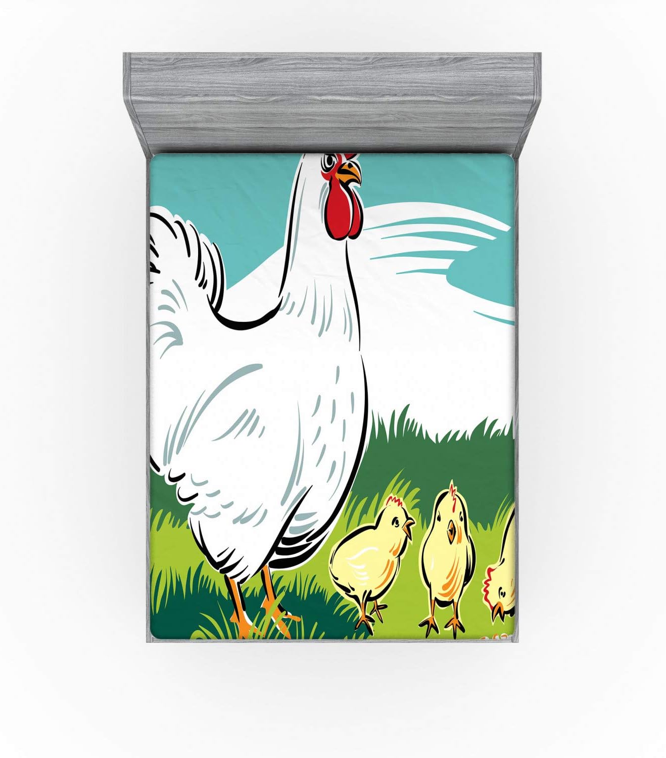 Ambesonne Hen and Chicks Fitted Sheet, Cartoon Illustration of Animal Mother and Little on Grass, Bed Cover with All-Round Elastic Deep Pocket for Comfort, Queen Size, Green Aqua
