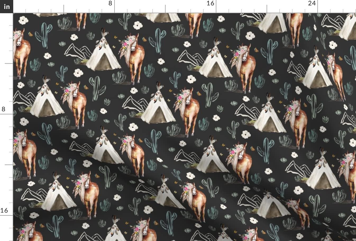 Spoonflower Fabric - Spring Boho Floral Horse Dark Gray Pony Teepee Dreamcatcher Feathers Printed on Upholstery Velvet Fabric Fat Quarter - Upholstery Home Decor Bottomweight Apparel