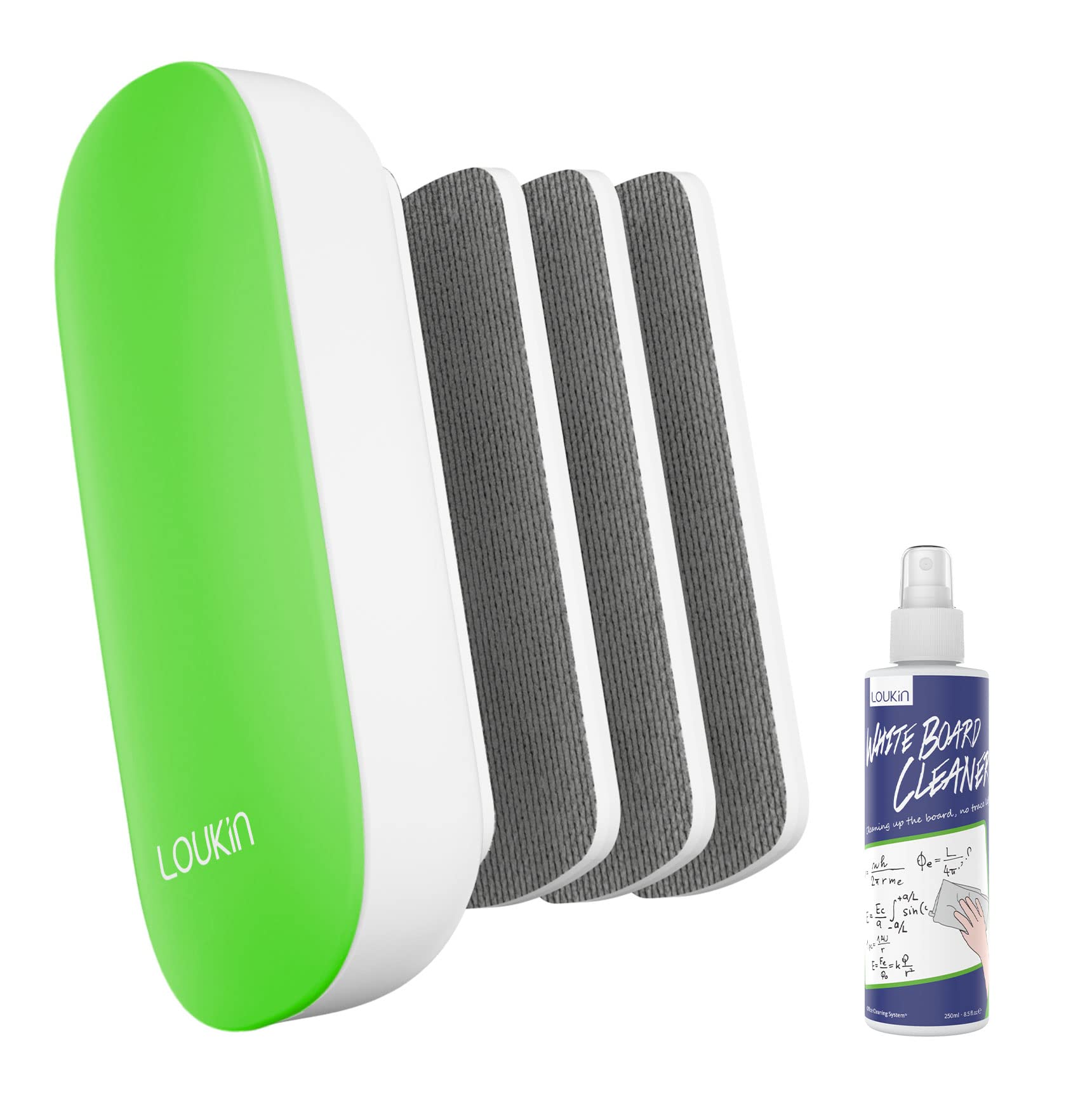 loukin Replaceable Dry Erase Eraser, Magnetic Whiteboard Eraser with 3 Replaceable Felt Pads, 4-in-1 Glass Whiteboard Erasers, 3.4 fl oz Cleaner