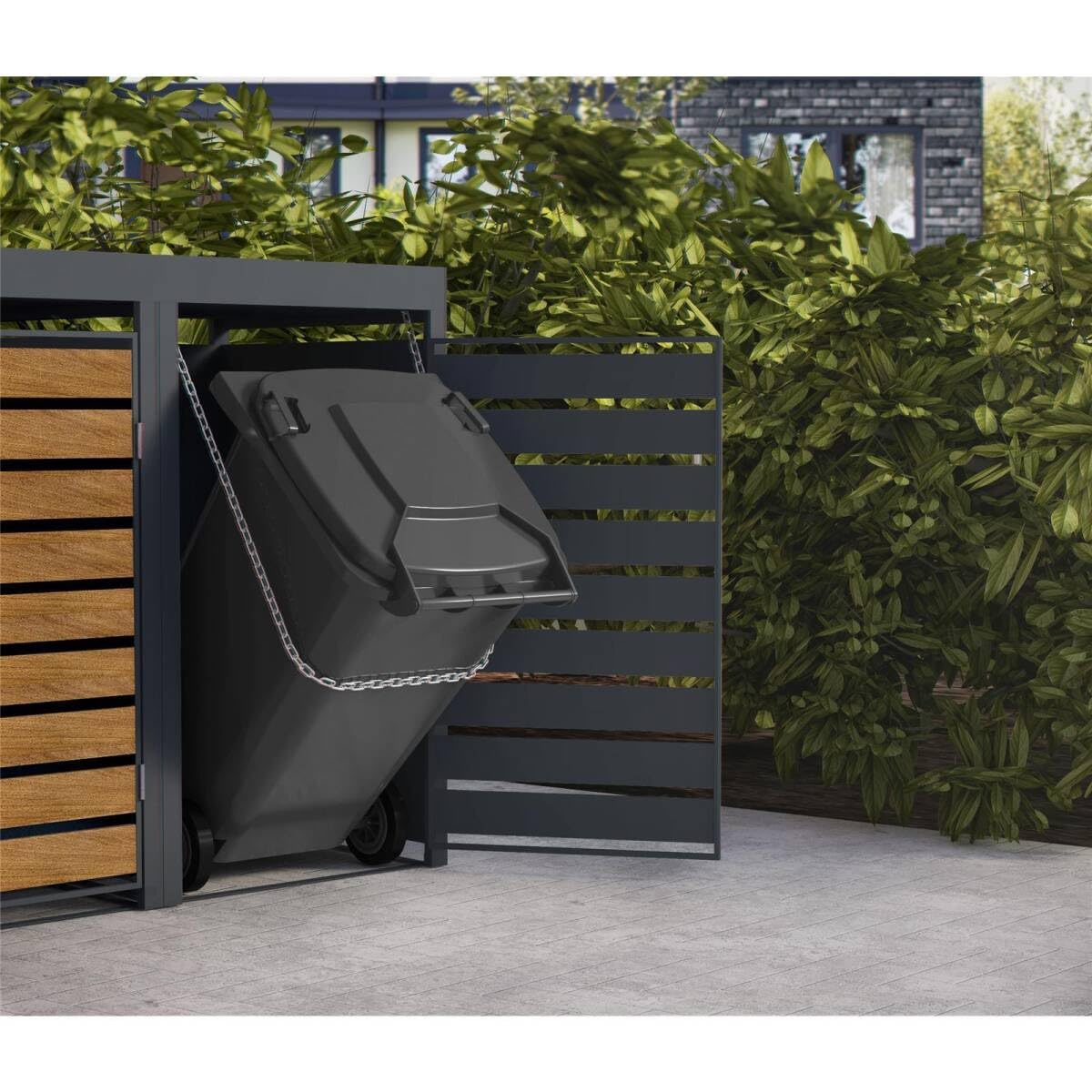 Metzler Mülltonnenbox 4er 240L in Anthrazit & Holzoptik mit Pflanzdach & Sichtstreifen, Mülltonnenverkleidung 4 Tonnen mit Automatikdeckel, Müllbox mit pulverbeschichtetem Stahl rostfrei, abschließbar
