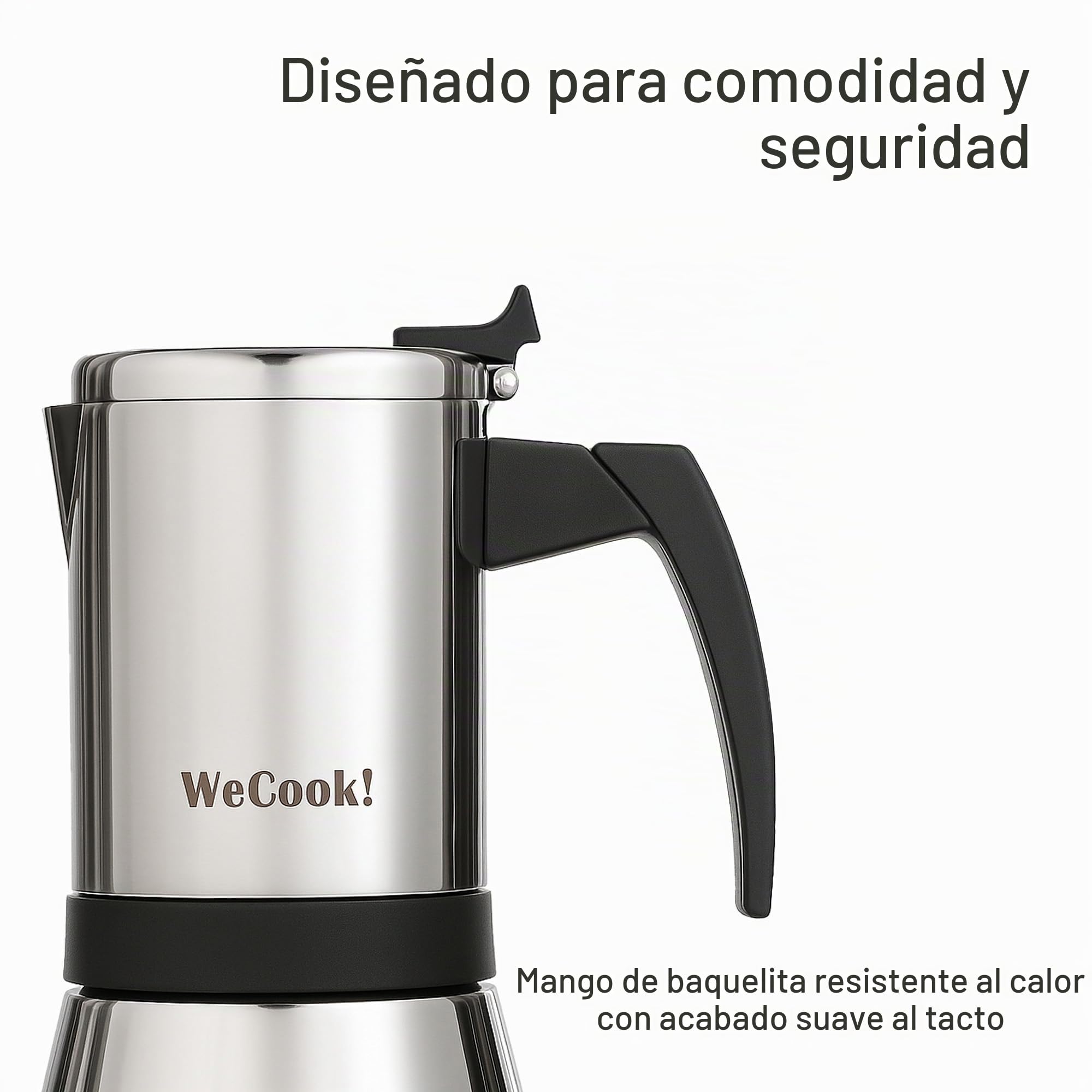WECOOK! Cafetera Italiana Inox 18/10 Inducción, Plateado-Black, 9 tazas | Acero inox 18/10, compatible gas, vitrocerámica y eléctrica, mango baquelita Soft-Touch, válvula níquel, cuchara medidora