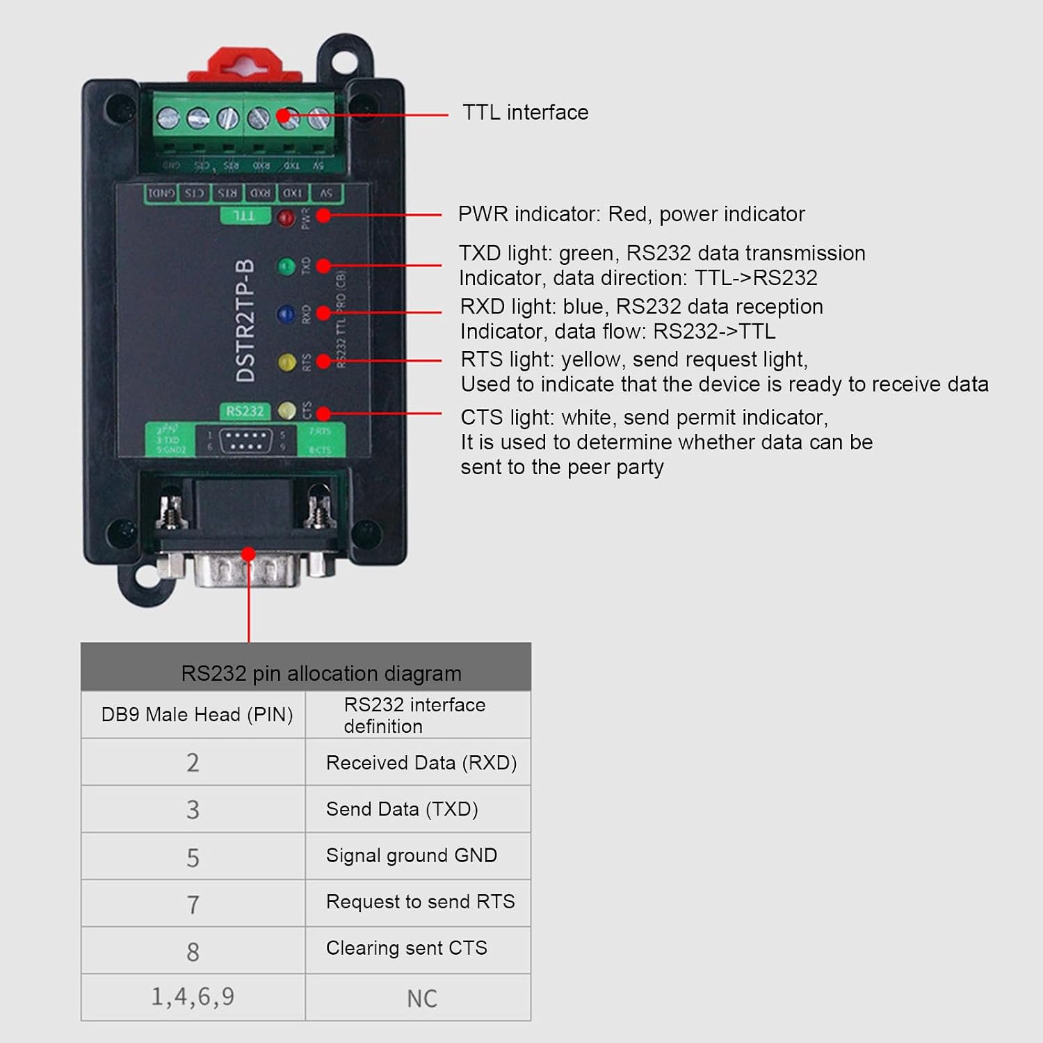 RS232 Converter Module SP3232 Chip Digital Isolator Power Isolation Enhances Stability DB9pin Male Port Mount Case Design