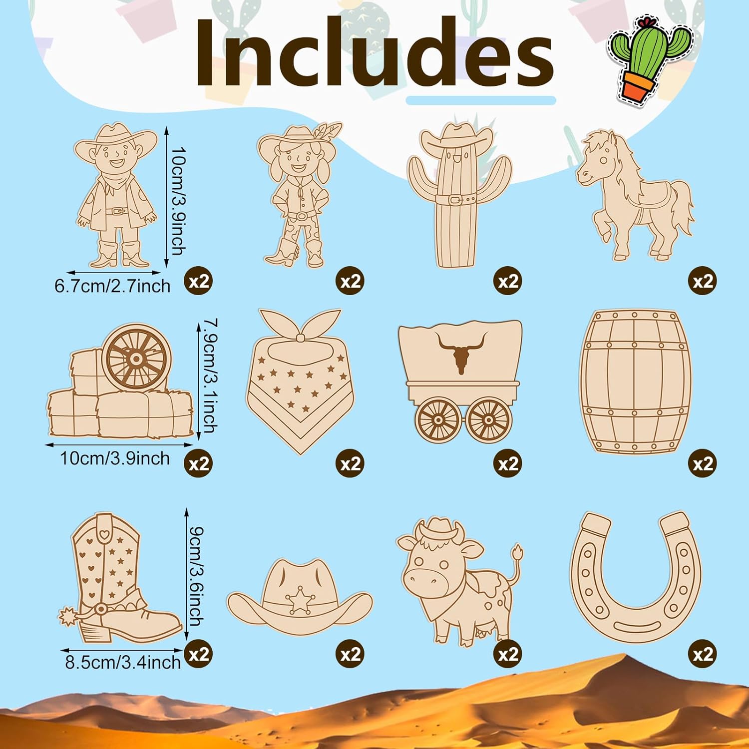 VioraWhite 24 Set Birthday Party Favor Craft Include 24 Pcs DIY Wooden Painting Art Kit 24 Pcs Bubble Wand 24 Gift Card Wood Coloring Paint Gift Bulk for Classrooms Supplies(Western Cowboy Cowgirl) - Image 2