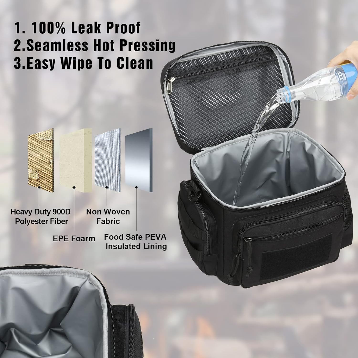 ATRIPACK Borsa portapranzo da uomo, tattica, con cinghia MOLLE, a prova di perdite, isolata, grande, per donne e adulti, con tracolla regolabile, durevole secchio per il pranzo (nero)