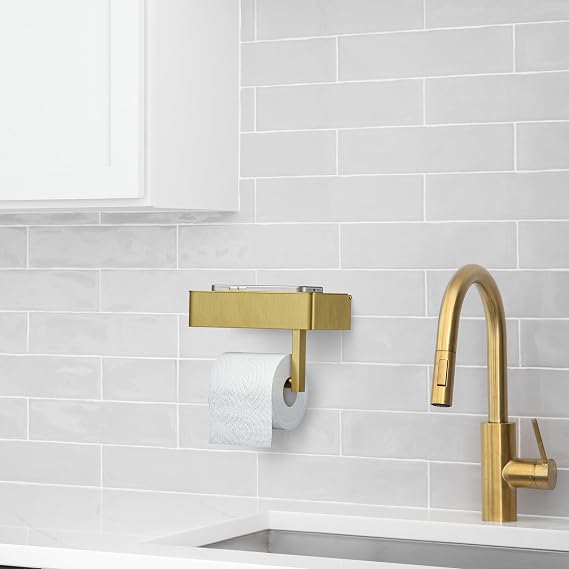 Brushed Gold Toilet Paper Holder Wall Mounted with Shelf & Wipes Storage Stainless Steel SUS304 Modern Toilet Tissue Roll Holder for Bathroom, Kitchen Adhesive and Screw Installation