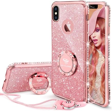 OCYCLONE Fundas para iPhone X,Purpurina Ultra Slim Fundas iPhone x,Soft TPU Carcasas Movil con Glitter Dimante Anillo de Tel?fono Protectora Apple iPhone X,iPhone 10 para Mujer,Oro Rosa
