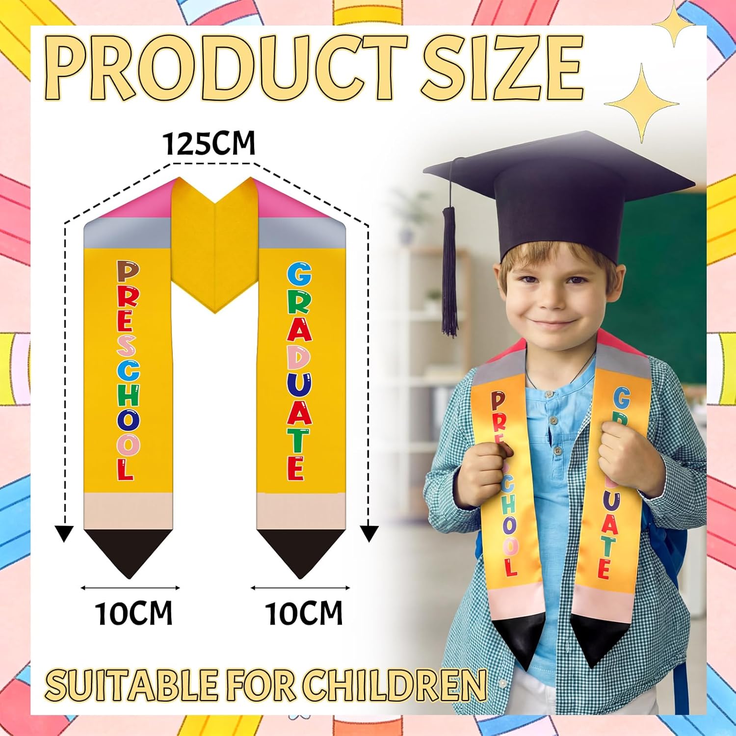 Mepase 24 Pcs Preschool Pencil Graduation Stole Satin Graduation Sash Double Layer 49" Pre K Grad Honor Sash 2026 for Kid Student