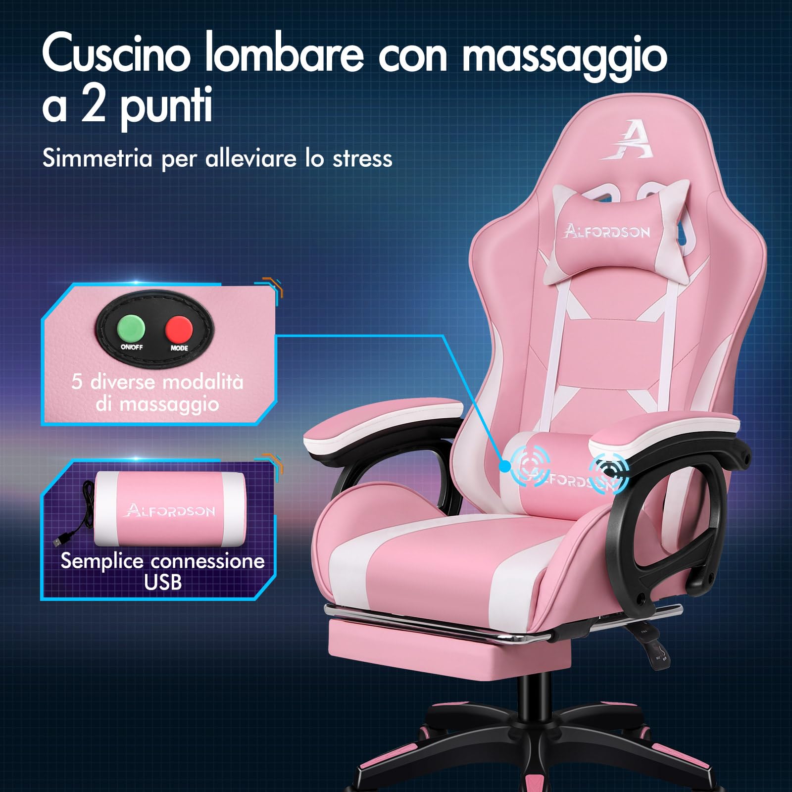 ALFORDSON Sedia da Gaming, Sedile Gamer con Supporto Lombare Massaggiante, Sedia da gioco Ergonomica Girevole con Poggiatesta, Regolabile in Altezza, Pelle PU, Rosa