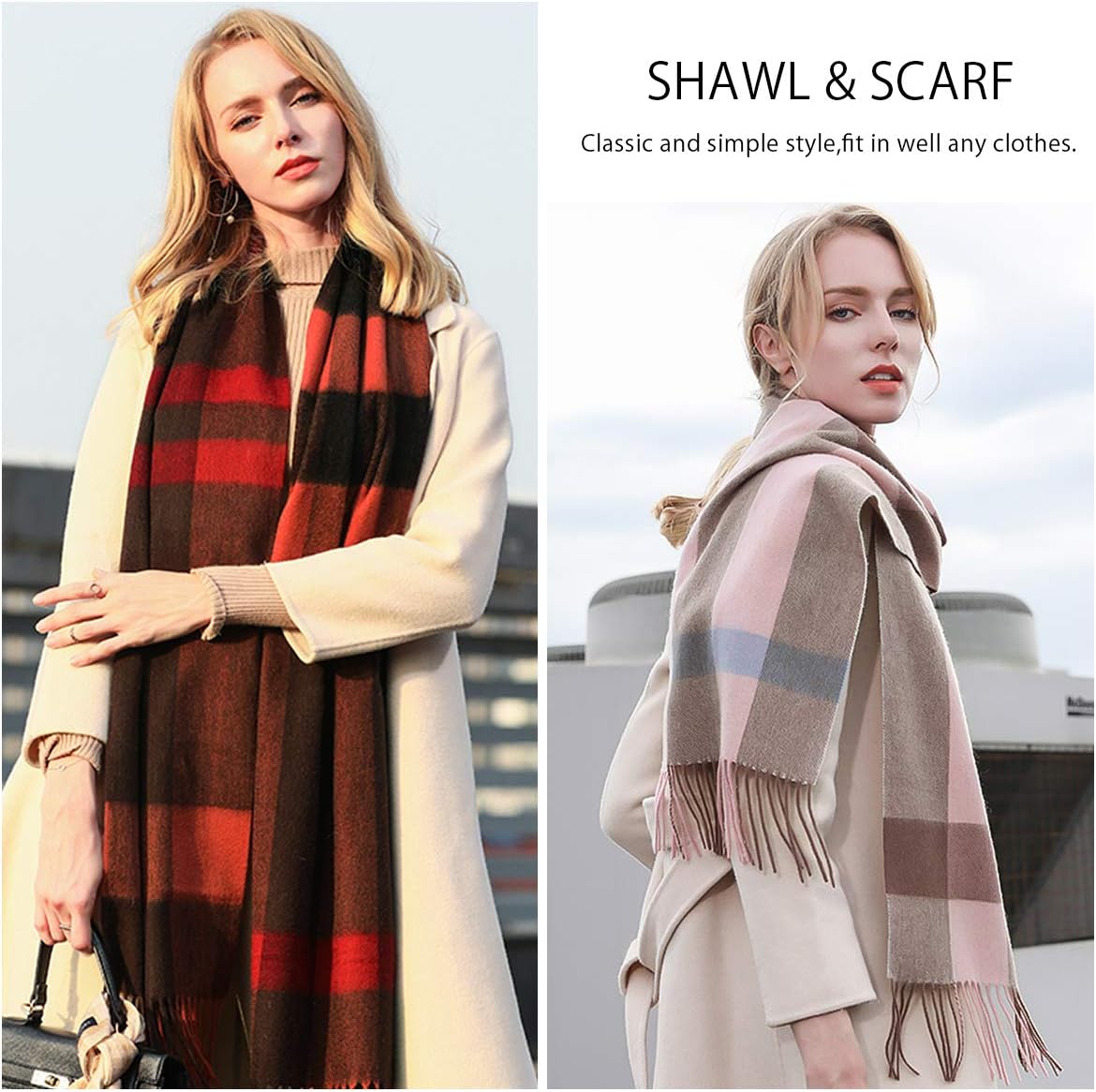 LumiSyne Winter senior plaid kasjmier sjaal met kwasten voor dames heren oversized tartan stola klassiek ruitpatroon zachte en verdikte pashmina geruite sjaal, rood, Eén Maat